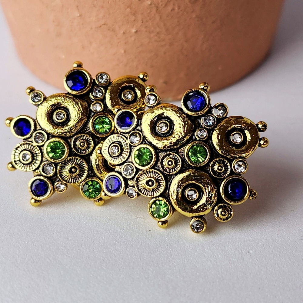 Vintage Style Gold Tone Crystal Cluster Stud Earrings Blue Green Rhinestone 1.0"